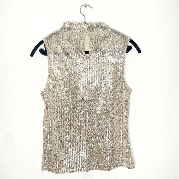 Open Edit Champagne Sequin Mesh Sleeveless Top - Picture 4 of 9